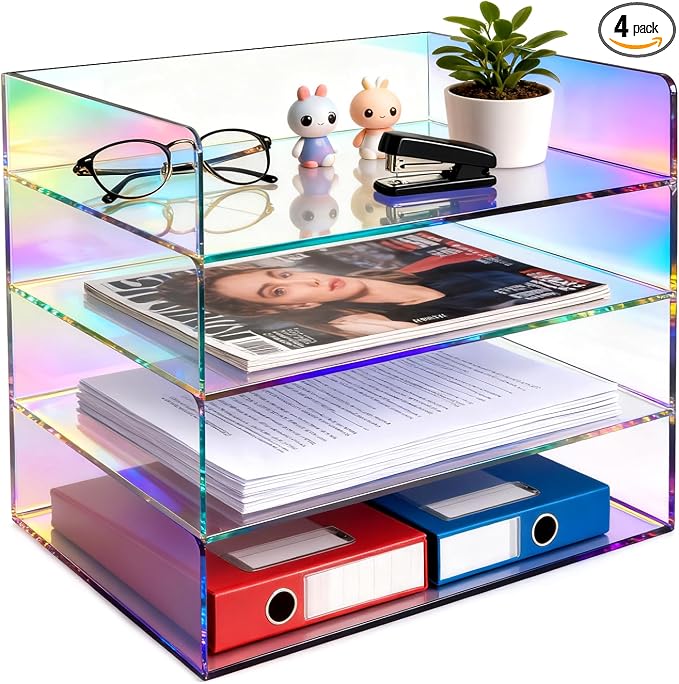 Gelite Acrylic File Organizer for Desk 4 Tiered Stackable Letter Tray Office Paper Storage Desktop Document Sorter, Iridescent by Gelite