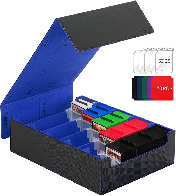 5 Row Trading Card Storage Box, 3800+Bulk Card Organizer Box with 20 Dividers & 5 Supporters, Graded Card Deck Box for YuGiOh, MTG, TCG Black/Blue by Stepane