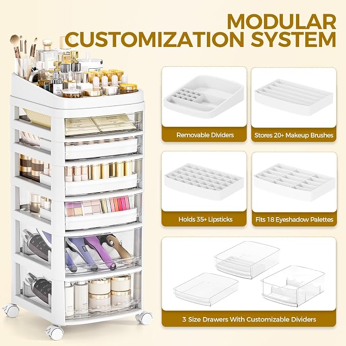 Rolling Cart with 6 Drawers, Clear Plastic Drawer Organizers, Vanity Cart | Dust Proof Under Desk Storage with Dividers for Makeup, Skincare, Art Crafts and Baby Items, Acrylic Cosmetic Organizer - Image 5