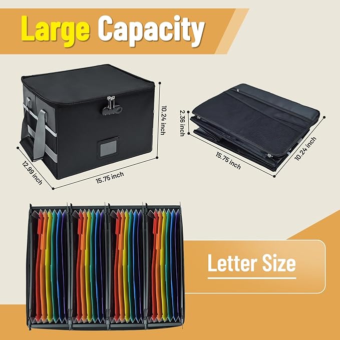 File Box with Hanging Folders Important Fireproof Document Organizer with Lock Collapsible Portable File Box with Handle for Home or Office for Hanging Letter & Legal Folder - Image 3