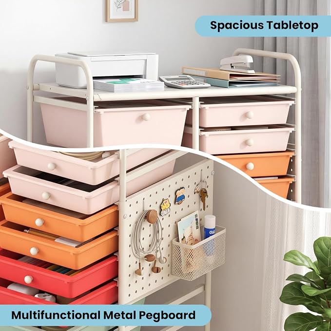 GOFLAME 15-Drawer Rolling Storage Cart with Pegboard, Craft Storage Cart with Lockable Wheels and Metal Frame, Art Cart Supply Storage Organizer for Home Office Classroom, Macaron Color - Image 5