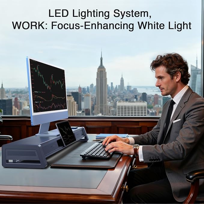 Vaydeer All-in-One Dual Monitor Stand Riser with 2 Drawers, 8USB Ports and Wireless Charging Pad with LED Light Strip for 2 Monitors , Desk Organizer for PC, iMac (Metal, 39.3 inches)-White - Image 6