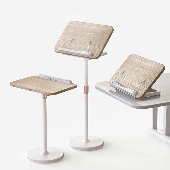 2-in-1 Floor & Desktop Book Stand with Large 16.5"x11.8" Wood Panel | Height Adjustable 16.5"-51" Ergonomic Book Holder with Page Clips for Textbooks, Music Sheets, Recipes, Laptops (White) by NAMON