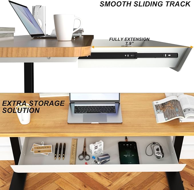 White Large Under Desk Mounted Sliding Drawer with 2 Cable Hole and 60 Degree Tilt Panel to Pull Out, 22.4'' Long & 9.2'' deep Large Storage Organizer for Sit Stand Workstation - Image 4