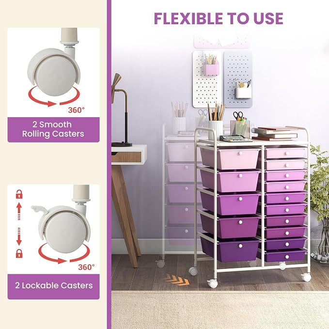 DORTALA 15-Drawer Rolling Storage Cart with Drawers, Rolling Utility Cart w/Removable Drawers & Universal Wheels, Tools Scrapbook Paper Organizer for School, Office, Home, Classroom (Gradient Purple) - Image 7