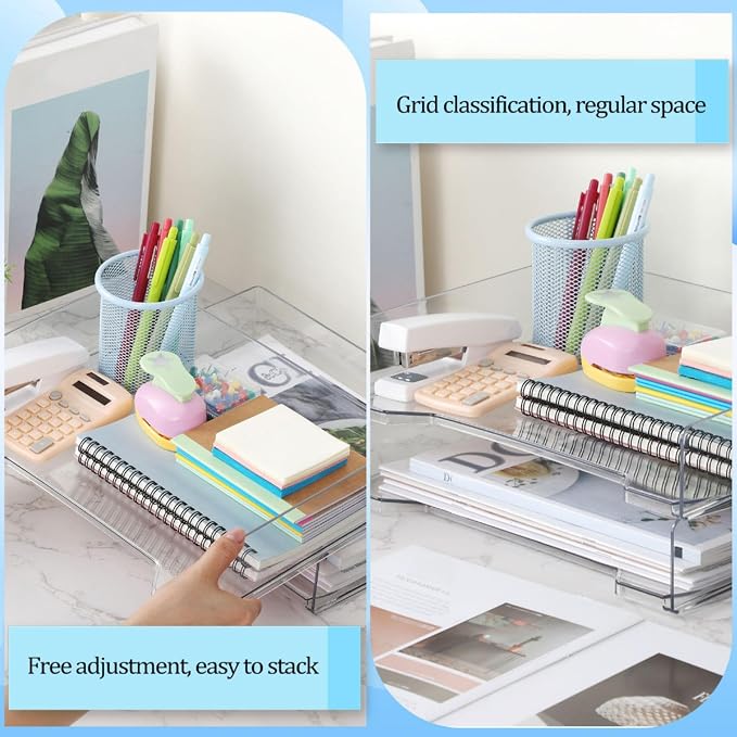 DoubleFill 2 Pcs Stackable Letter Tray Rectangular Plastic Desk Organizer 13 x 9.5 x 2.6 in Paper Holder File Tray Accessories Rack for Desktop Office Desk Drawers (Clear) - Image 6