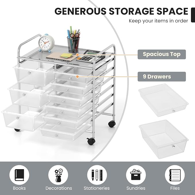 COSTWAY Rolling Storage Cart with 9 Drawer, Utility Cart with Metal Frame | Mobile Art Supply Craft Organizer, Multipurpose Storage Organizer for Paper, Office, School Teacher, Classroom, Transparent - Image 4