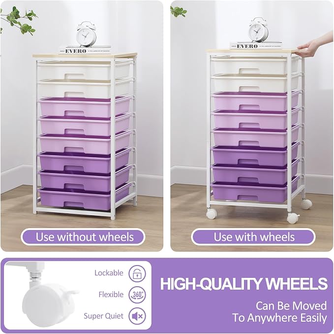SYKIARIOL Rolling Cart with Drawers,8 Drawers Storage Cart,Purple | Craft Organizers and Storage with Wooden Tabletop for Living Room,Classroom,Bedroom,Bathroom,Dorm,Office - Image 6