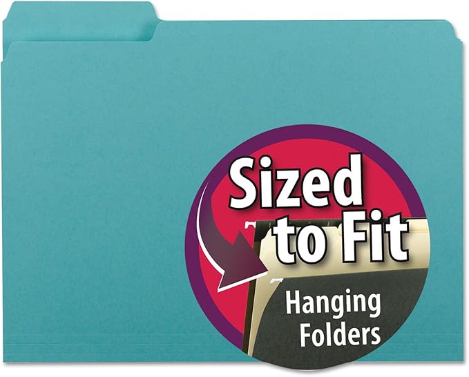 Smead Interior File Folder, 1/3-Cut Tab, Letter Size, Aqua, 100 per Box, Expandable File Folders for Filing Cabinet by SMEAD