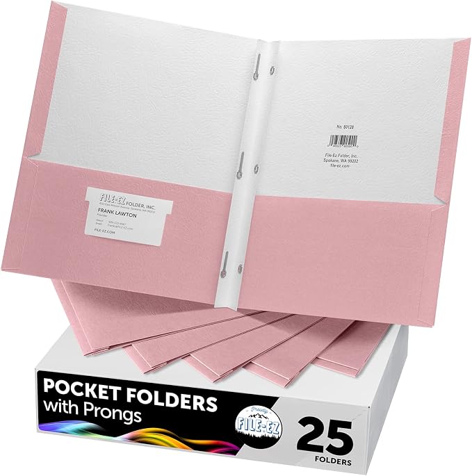 FILE-EZ Two-Pocket Folders with 3-Prong Fasteners, Pink Color, 25-Pack, Durable Textured Paper, Matte Finish, Letter Sheet Size (EZ-92590) by FILE-EZ