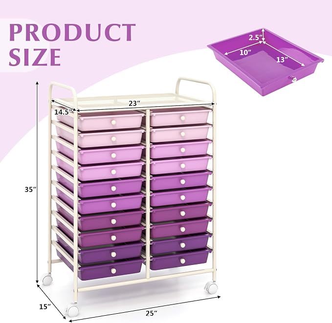 GOFLAME 20-Drawer Rolling Storage Cart, Multifunctional Art Craft Organizer Cart, Mobile Utility Storage Cart with Removable Drawers & Lockable Wheels, Craft Cart for Home Office, Purple Gradient - Image 3