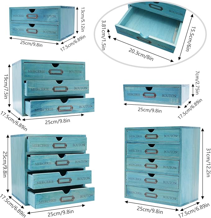 Wooden Desktop Organizer, 5PCS Retro Storage Cabinet Box with Drawers, Mini Tabletop Craft Box Cosmetic Storage Drawer, Portable Desk Letter Mail Sorter for Office Home (Blue) - Image 2