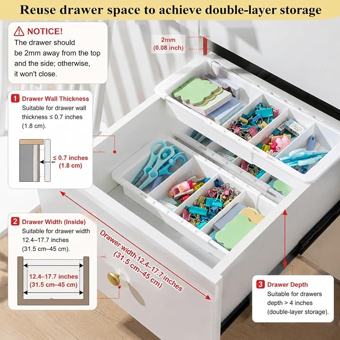 1 Pcs Expandable Drawer Organizer Bins Adjustable Deep Drawer Hanging Organizer Tray Expandable 11.4 to 18.1 Inches Plastic Dividers Storage for Office Bathroom Bedroom Kitchen Desk, White - Image 4