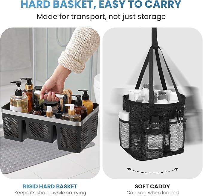 BYUNER Plastic Shower Caddy Dorm: Portable Cleaning & Shower Caddy with Handle, 4 Divided Compartments, All-Side Drainage, Rigid Plastic Basket Tote for College Dorm & Bathroom Use, Black/Silver - Image 9