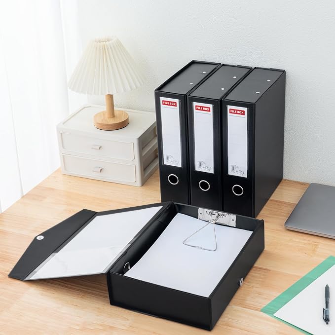 Storage File Boxes 4 Pack, Foldable File Box with Clip, 88mm Spine, Black | Archives Cases with Magnetic Closure, Plastic Document File Organizer Storage - Image 6