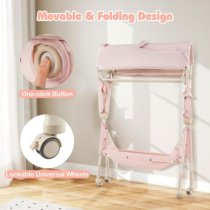 INFANS Baby Changing Table with Wheels, Portable Folding Diaper Station Nursery Organizer with Storage Basket, Hanging Rack, Adjustable Height, Safety Belt for Newborn Infant (Light Pink) - Image 6