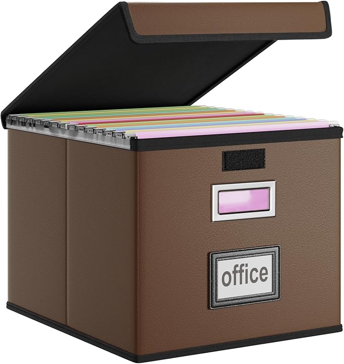 File Organizer Box with Lids, Collapsible File Folder Organizer | File Box with Plastic Slides for Document, Filing Bin for Letter Size Hanging File Folders (1 Pack, Dark Brown, Leather) by Huolewa
