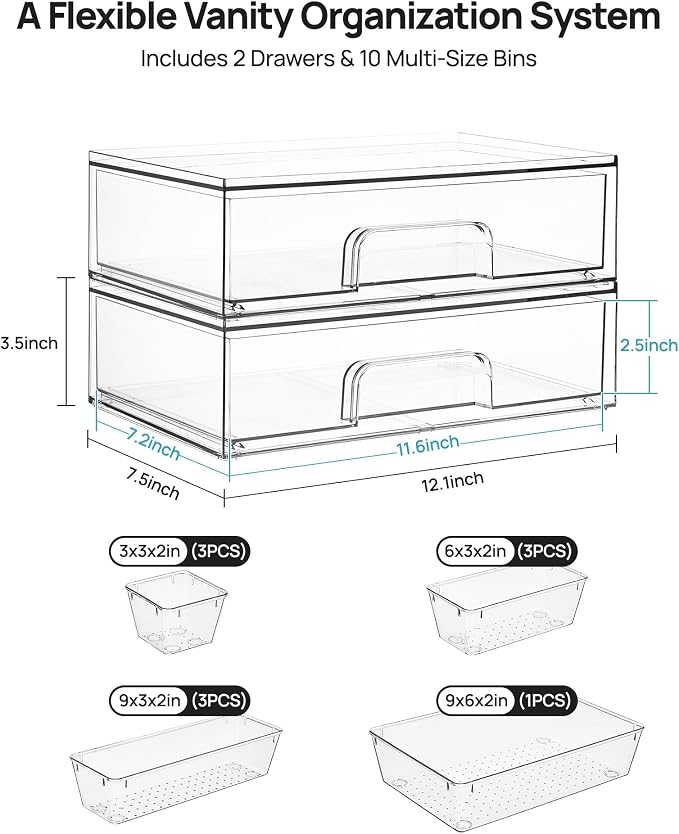 Vtopmart 12-Pack Clear Makeup Organizer Set with Drawer Organizer Bins | 2 Pack Stackable Storage Drawers & 10 Pack Drawer Organizer for Vanity Cosmetic, Bathroom Countertop, Desk - Image 2
