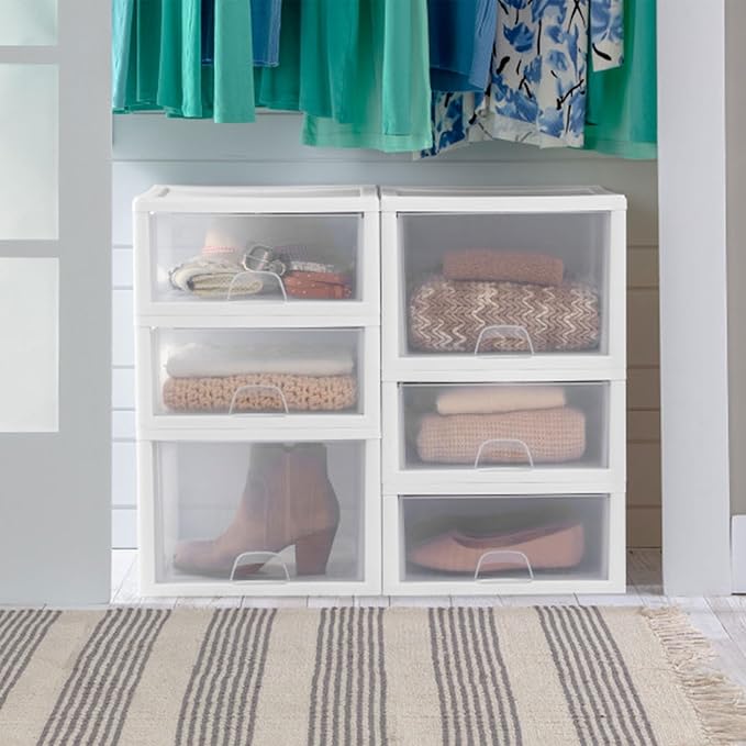 Sterilite 27 Qt Stacking Drawer, Clear Plastic Storage Organizer, 4 Pack | White Frame, Stackable Modular Clear Plastic Drawers & Containers for Clothing, Accessories, Craft Supplies, Shoes or Linens - Image 2