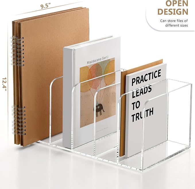 SANRUI Acrylic Magazine Holder Desk Organizer Workspace Sorters, Clear Bookend File Sorter Folder Rack For Home Office Accessories Organization Storage with 5 Vertical Compartments - Image 3