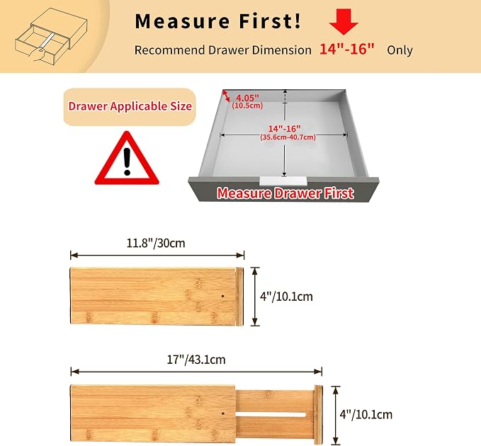 Utoplike Bamboo Drawer Organizer, 4" H Dresser Drawers Dividers for Clothes | Adjustable Drawers Organizers for Clothing, Silverware, in Kitchen, Bathroom, Bedroom Drawer, Fit 14"-16" Drawers - Image 3