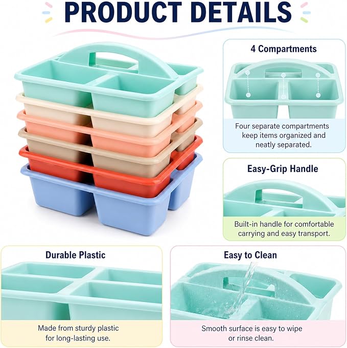 gisgfim 6 Pack Plastic Classroom Caddy with 4-Compartments Plastic Storage Caddies with Handle 4 Compartments Table Caddy Organizer Versatile Table Caddies for Classroom Office, Morandi Color - Image 3
