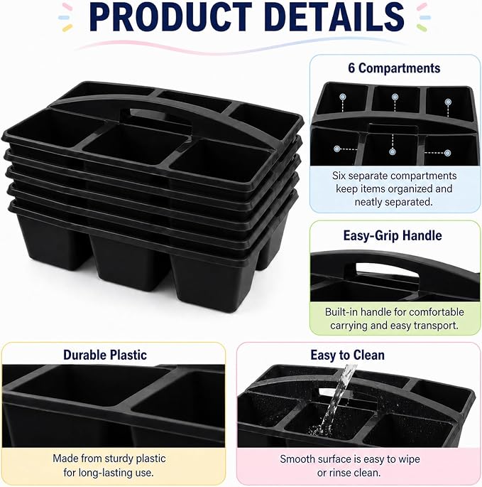 gisgfim 6 Pack Plastic Classroom Caddy with 6-Compartments Plastic Storage Caddies with Handle 6 Compartments Table Caddy Organizer Versatile Table Caddies for Classroom Office Storage, Black - Image 3
