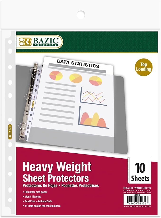 BAZIC Products Heavy Weight Sheet Protectors, Top-Load, Letter, 10 Pack | letter size, heavy weight top-loading sheet protectors, acid-free poly, Fit 3-ring binders, Clear front and back by BAZICProducts