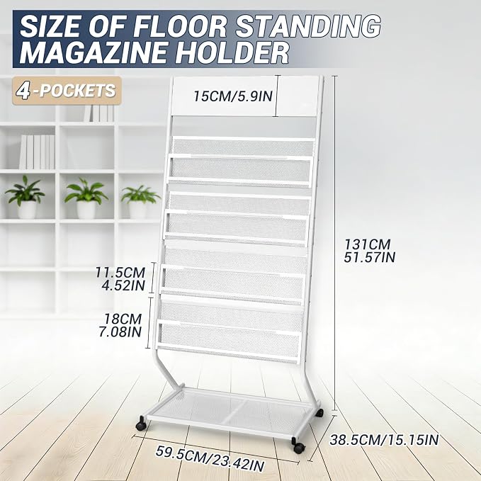 4-Tier Rolling Magazine Rack, Floor Standing Brochure & Literature Display Stand, 23.4" Wide, White - Image 2