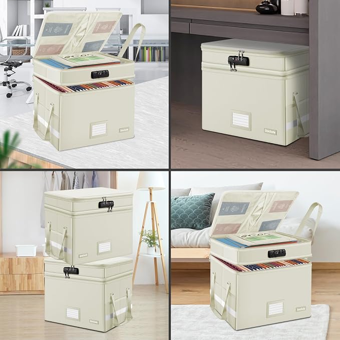 DocSafe File Box with Lock,Multi-Layer Fireproof Document Box Collapsible File Storage Organizer with Pockets/Handle,Large Portable Home Office Filing Box for Hanging Letter/Legal Size Folders,Beige - Image 3