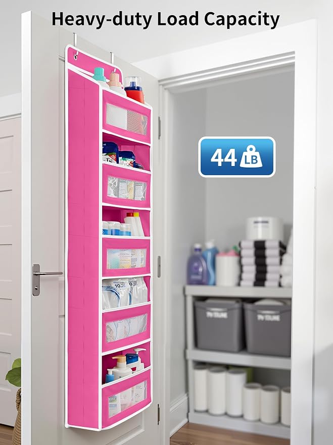 JARLINK Over the Door Organizer for Bathroom, 5 Shelf Rose Pink, 2 Pack | Anti-Tilt Design, 44 lb Load Capacity, Hanging Door Organizer with 5 Large Capacity Pockets, Behind Door Storage for Nursery - Image 6