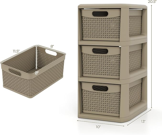 Giantex 3-Drawer Storage Organizer, Plastic Wicker Tower Baskets, Counterop & Under-desk Compact Container Boxes for Office, Bedroom, Bathroom, Living Room, Taupe - Image 3