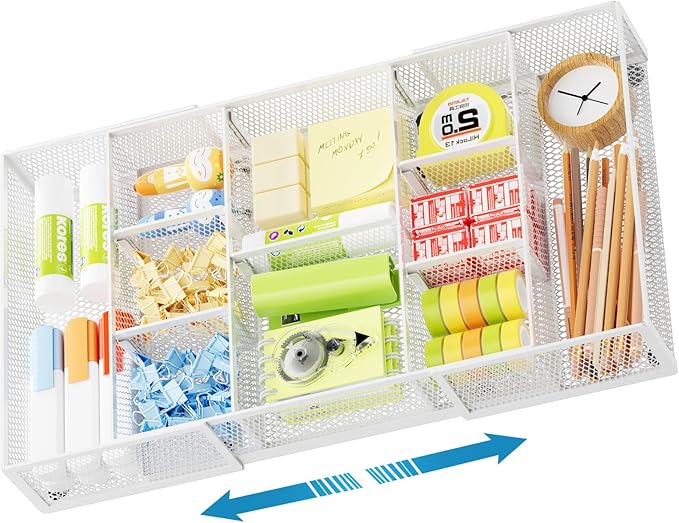 Marbrasse Expandable Desk Drawer Organizer, Mesh Drawer Organizer Tray with 10 Adjustable Compartments, Desk Organizers and Accessories for Office Supplies (Longer Expandable Drawer Organizer-W) by Marbrasse