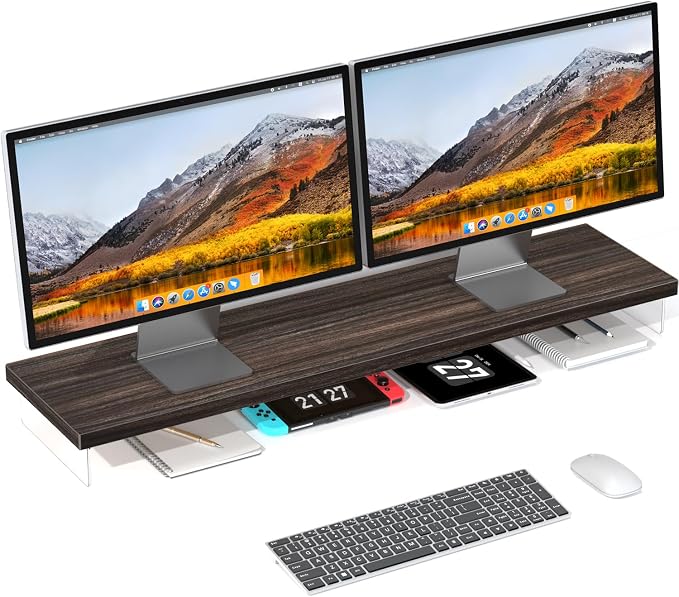 Dual Monitor Stand Riser, 40x10 in Wood & Acrylic Desktop Organizer Shelf | Computer Monitor Stand Riser With Wood & Acrylic Design; Fits 2 Monitors, Laptop, Printer And Desk Supplies For Office Use. by SSWOOD