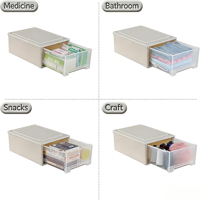 4-Pack Stackable Desktop Storage Drawer Organizer, 12-Quart | Clear Plastic Bins with Pull-Out Drawers, Stackable Containers for Cabinet, Desk, Shelf, Cupboard, or Dresser Organization - Image 5