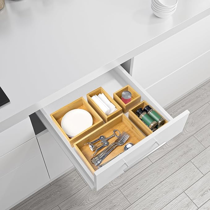 VaeFae 5 PCS Bamboo Drawer Organizers Set, 5-size Organizer Box, Storage Bins for Kitchen, Bathroom, Office, Bedroom and Living Room - Image 4