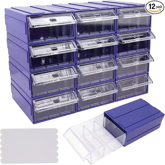 12 Pcs Drawer Stacking Storage Cabinet, Blue Plastic Drawers Storage Closet & 36 Pcs Clear Dividers Organizer Rack & 48 Pcs Tag Card & 24 Pcs Non-slip Stickers for Home Office School by SOEWIOU