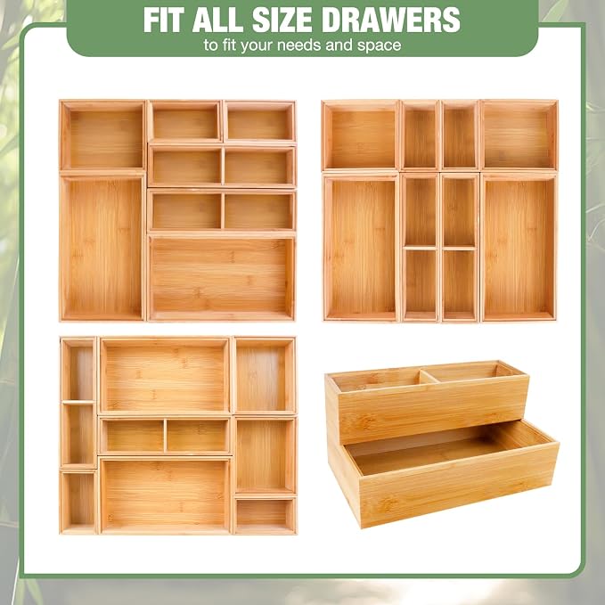 Bamboo Drawer Organizer Set, 8 PCS Multi-Use Wood Drawer Storage Boxes, Junk Drawer Organizer Divider Bins for Kitchen, Bathroom, Office Desk, Makeup, Jewelry, Utensils - Image 4
