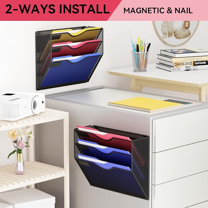 3-Tier Magnetic File Holder, No Drilling Wall File Organizer, File Folder Bins, Mail & Magazine Rack, Magnetic Paper Document Holder for Refrigerator File Cabinets Whiteboard, Black - Image 7