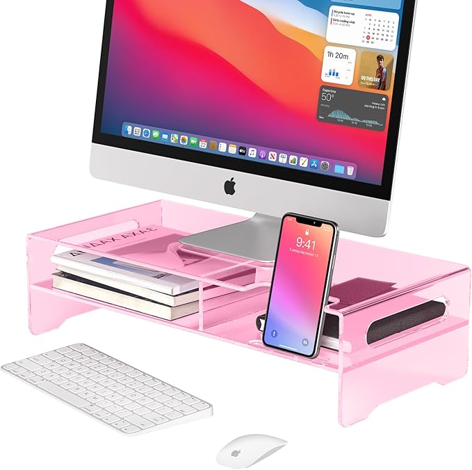 Pink Acrylic Monitor Riser, 2-Tier Desk Computer Stand With Storage & Phone Holder | Clear Computer Monitor Stand for Desk,Handheld Function Easy Mobility,16 in Wide for Laptop, Printer,Screen,Desktop Organizer by HEWYIOS