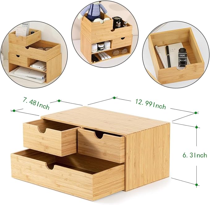 Bamboo Desk Organizer with Drawers, 3-Drawer Desktop Storage Box | 3 Drawers Open Top Tray Fully Assembled Stores Pens, Notes, Makeup, Jewelry & Toiletries for Office, Vanity & Bath - Image 3