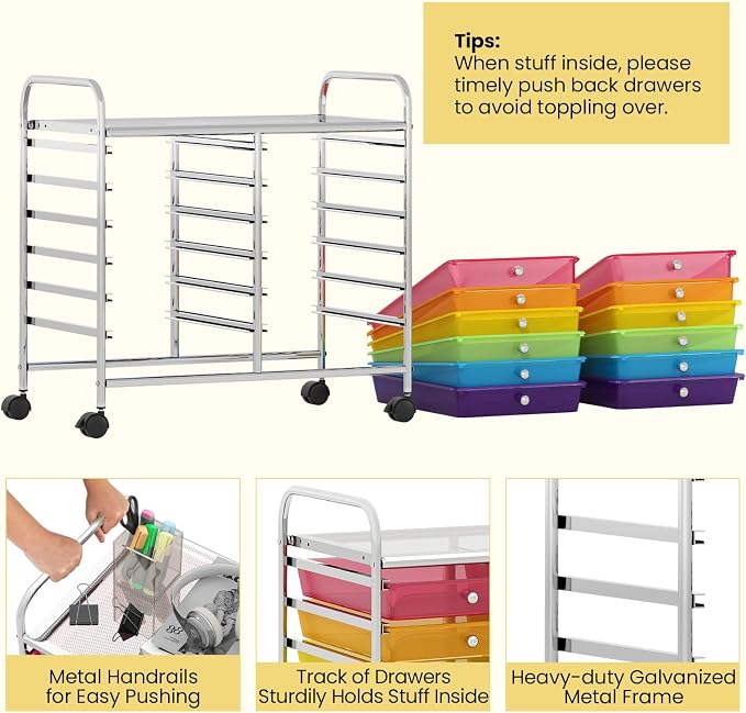 Giantex 12 Drawers Rolling Cart, Mobile Storage Drawer Cart, Classroom Organizer Cart for Office School Supplies Tools Scrapbook Paper Craft Small Printer, Utility Cart on Wheels, Rainbow - Image 6
