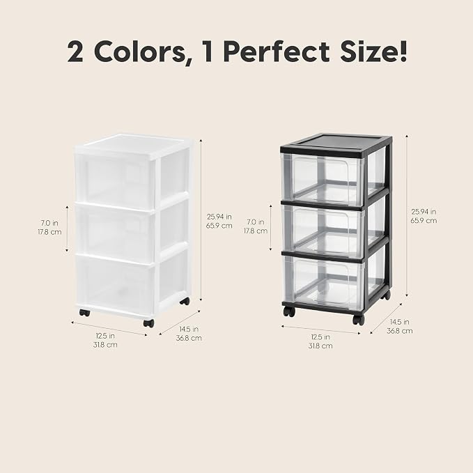 IRIS USA 3-Drawer Slim Narrow Storage Organizer Rolling Cart, Black/Clear | Organize crafts, school supplies, accessories, and household items with slim storage and easy-access drawers - Image 2