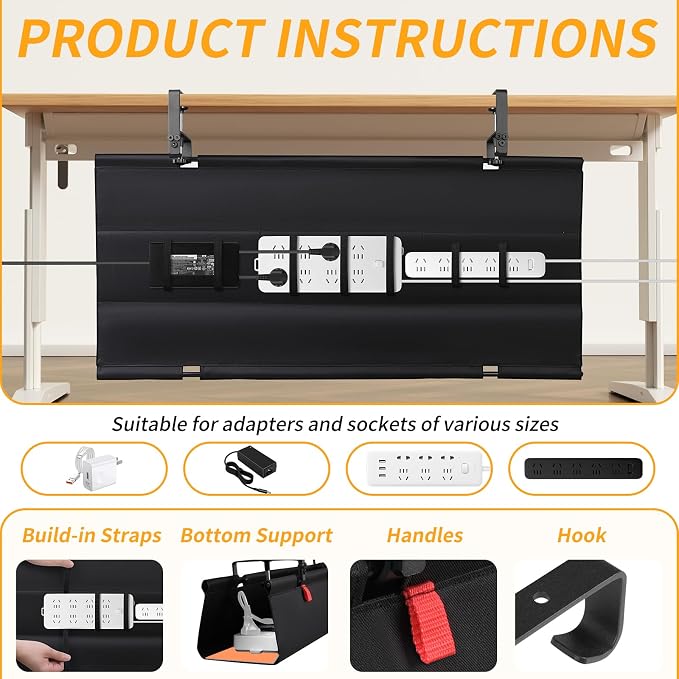 Under Desk Cable Management Tray No Drill,36Inch Cable Management,Black | Clamp and Screw Mount Cable Management Tray, Extra Large Capacity Desk Cable Management, Fabric Wire Management for Office - Image 2