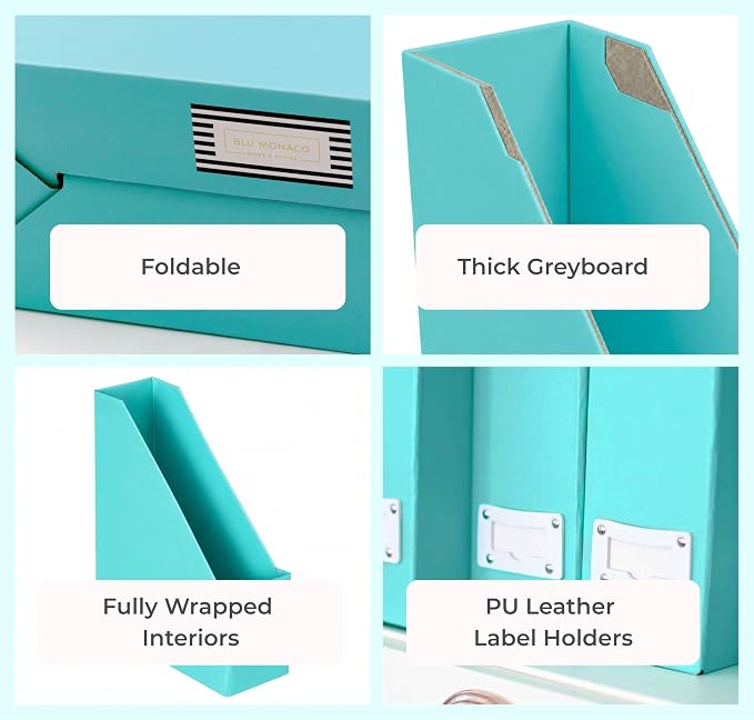 BLU MONACO Set of 6 Aqua Magazine File Holders | Foldable Magazine Storage Boxes with White Leather Label Holders | Vertical File Organizer for Desk, Shelves & Home Office - Image 8