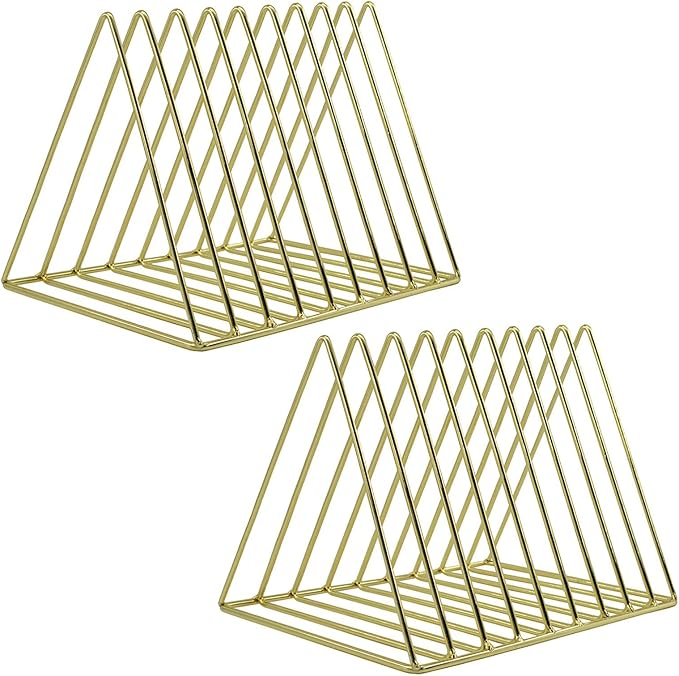 9 Slot Magazine Rack Book Record Holder, Desktop Iron Storage Rack Bookshelf Multifunction Triangle File Organizer Sorter for Decor Home Office, Golden Pack of 2 by EASEPRES