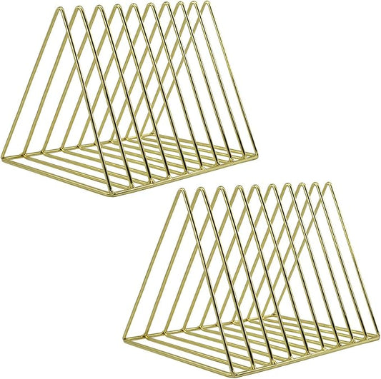 9 Slot Magazine Rack Book Record Holder, Desktop Iron Storage Rack Bookshelf Multifunction Triangle File Organizer Sorter for Decor Home Office, Golden Pack of 2 by EASEPRES