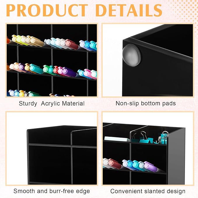MotiMind Acrylic Pen Organizer Storage for 200 Markers Vertical Marker Organizer Acrylic Pen Display Holder for Office Desk Desktop Stationery Pencil Storage, Black, 13 x 4 x 10.2 Inch - Image 3