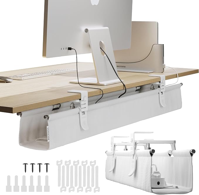 Original No Drill Under Desk Cable Management Tray 40.6" - Premium White Fabric Cable Management Under Desk - Clamp/Screw Mount Cord Organizer - Supports Upto 66lbs - Large by Ascrono
