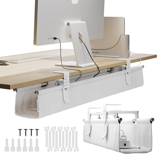 Original No Drill Under Desk Cable Management Tray 40.6" - Premium White Fabric Cable Management Under Desk - Clamp/Screw Mount Cord Organizer - Supports Upto 66lbs - Large by Ascrono